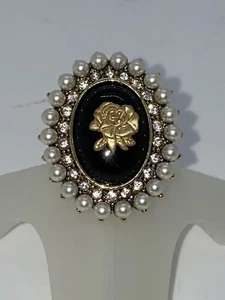 Gold Rose Schwarz Onyx Perle Strass Modeschmuck Ring Größe 7,75 - Bild 1 von 5