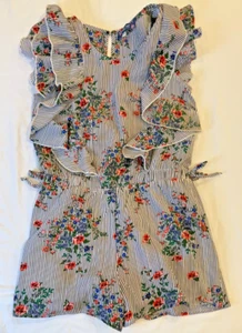 Truly Me Sara M Girls Romper Blue White Pinstripe Spaghetti Strap floral - Picture 1 of 3