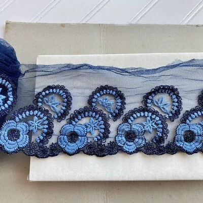 2 Yds Baby Blue Embroidered Lace Trim/Navy Blue Tulle Base/Sewing/Crafts/4" Wide - Image 1 of 4