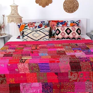 Indian king Cotton Kantha Quilt Silk Patola Patchwork HandmadeThrow Bedspread - Picture 1 of 8