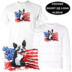 Boston Terrier Hund American Salute USA Flagge Cartoon Grafik individuelles T-Shirt     - Bild 1 von 4