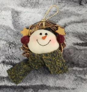 Rustic Christmas Ornament Snowman Grapevine Wreath Earmuffs Scarf Hanging Decor - Picture 1 of 5