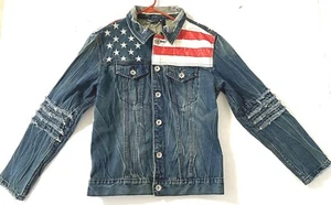 Suwo Stars & Stripes Distressed Damen Denim & Kunstleder Boho Jacke - L - Bild 1 von 7