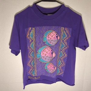 Vintage Hanes Fifty-Fifty M Purple Tropical Fish Graphic T-Shirt Made in USA 80s - Picture 1 of 5