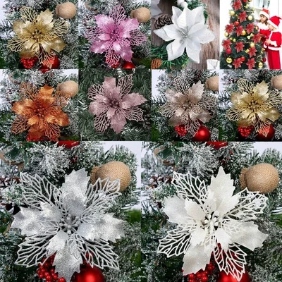 10X Christmas Large Poinsettia Glitter Flower Tree Hanging Party Xmas Decor UK - Image 1 of 4