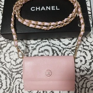 CHANEL Pink Mini BiFold Wallet Chain Strap CC Logo With Serial Auth Used no Box - Picture 1 of 20
