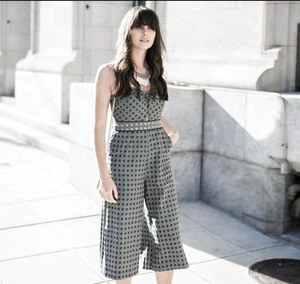 ANTHROPOLOGIE Elevenses Remy Wmns 2 Crop Wide Leg Jumpsuit Blue Cream Woven NWT - Picture 1 of 12