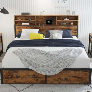 Queen Bed Frame with Tall Bookcase Headboard and Charging Station, Sturdy and... - Picture 1 of 8