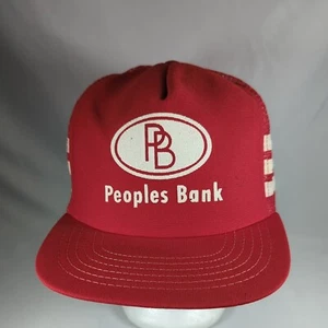 Vintage 80s Peoples Bank 3 Stripe Trucker Hat Snapback Red Mesh Cap Made in USA - Picture 1 of 9