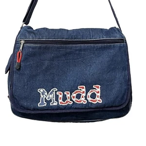 80s 90s Y2K Mudd Denim Messenger Laptop Bag Purse Blue Jean Cross Body Vtg Dark - Picture 1 of 21