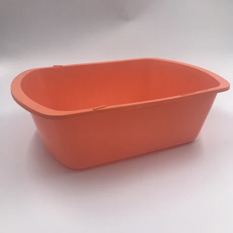 Vintage Salmon Orange Plastic Storage Tub Stack-able Bin 13 7/8 x 10 3/8 x 4 1/2 Cover