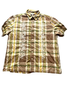 VTG Old Navy Shirt Adult Extra Large Brown Plaid Embroidered Floral Hawaiian Men - Picture 1 of 7