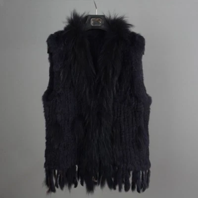 Moda Dama Conejo Real Clásico Tejido Piel Chaleco Cuello Mapache Chaleco Mujer Foto 1 de 4