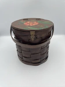 Vintage antique rustic farmhouse basket oak purse Pink Floral Hand Painted - Picture 1 of 3