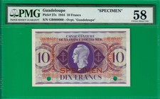 Guadeloupe 10 francs 1944 specimen, P27s, Choice aUNC PMG *58*!