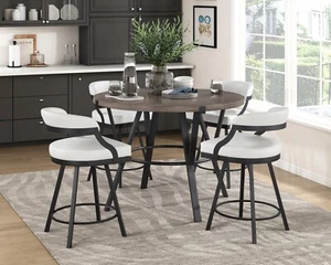 5 PC COUNTER HEIGHT DINING TABLE WHITE FAUX LEATHER SWIVEL CHAIRS FURNITURE SET - Picture 1 of 16