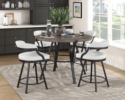 5 PC COUNTER HEIGHT DINING TABLE WHITE FAUX LEATHER SWIVEL CHAIRS FURNITURE SET - Image 1 of 4