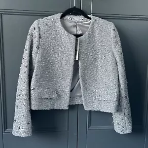 ZARA SEQUIN JACKET SILVER Sequin Jacket Tux Small Embellished £109 - Picture 1 of 5