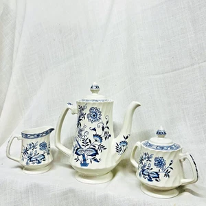 RARE Vintage Wood & Sons Ironstone "Blue Fjord" Coffee Set w cream and sugar - Picture 1 of 8