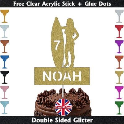 Personalised Glitter Surfing Cake Topper Decoration for Birthday Party - Image 1 of 4