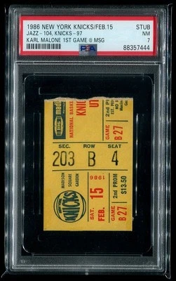 Karl Malone 1er Juego @ MSG - Boleto PSA 1986 Utah Jazz PSA 7 Rookie Mailman Foto 1 de 2