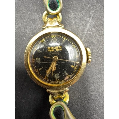 Vintage Gruen Veri Thin Black Dial Ladies Watch 10k GF Bezel Black Leather Band - Image 1 of 4