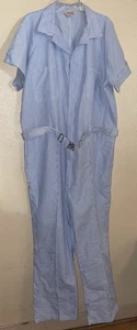 Vintage WALLS JUMPSUIT 52 Reg blau gestreift Seersucker OVERALLS GÜRTEL kurz Slv USA - Bild 1 von 20