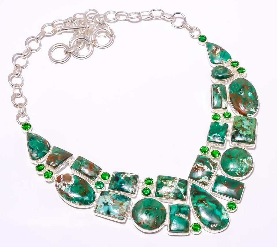 Collar Cuprita Crisocola, Esmeralda (Simulada) Plata de Ley 925 17.99" A37 Foto 1 de 4