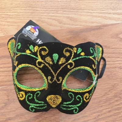 Masquerade Mask Mardi Gras Costume - Cat/Black/Gold/Green Halloween Mask NEW  - Image 1 of 2