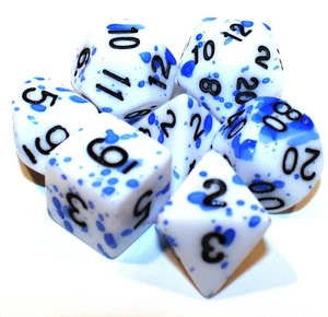 Juego de 7 Piezas Dados Poliédricos Salpicaduras Azules con Bolsa de Dados Azul - RPG D&D - Imagen 1 de 2