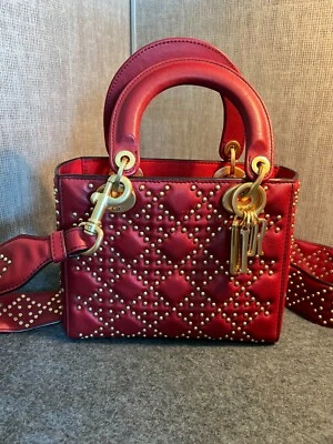 Lady Dior Red Small Supple Studded  Lambskin Gold Hardware Crossbody - $6,000 - Image 1 of 4
