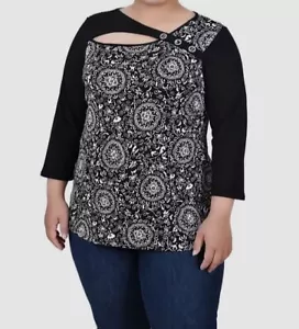 NY Collection Women's Black 3/4 Sleeve Puff Print Cutout Blouse Top Plus Size 2X - Picture 1 of 2