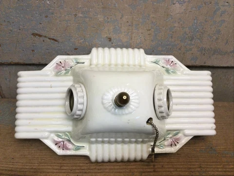 Vtg 1930s Underwriters Floral Porcelain 2 Bulb Flush Mount Wall Light Fixture Cover