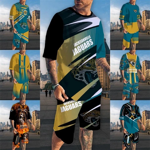 Jacksonville Jaguars Mens 2pcs Outfits Short Sleeve Top Pockets Board Shorts Cover