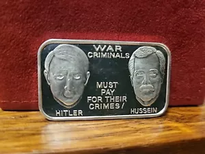 1 OZ HILTER & HUSSEIN WAS CRIMINALS RARE PC .999 SILVER ART BAR - Picture 1 of 2