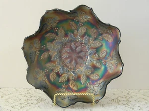 Vintage Fenton Karnevalsglas Stechpalme & Beeren Kobaltgrün rot gerüschte Schüssel 9 Zoll - Bild 1 von 9