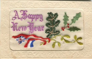 WWI, NEW YEAR, HOLLY, MISTLETOE - Embroidered Silk Military Patriotic Postcard - Picture 1 of 2