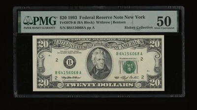DBR 1993 $20 New York Fr. 2079-B PMG AU-50 Serial B64156068A - Image 1 of 2