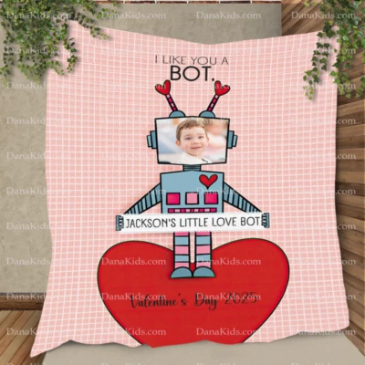 Personalized Valentine Robot Baby Girl Blanket, Custom Little Love Bot Blanket - Image 1 of 3