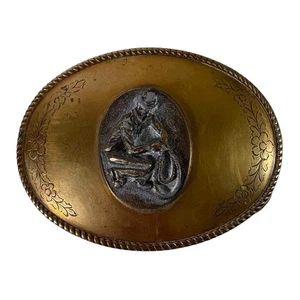 Fibbia cintura cowboy ottone vintage ovale tema rodeo western disegno inciso floreale - Foto 1 di 4