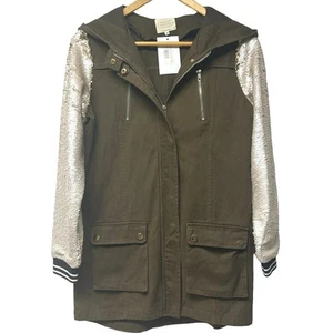 New! Hannah Banana Girls Olive Sequin Sleeve Hooded Full Zip Sweatshirt Size 14 - Picture 1 of 6