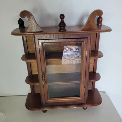 Vintage Curio Cabinet Glass Door Wood Shelves Wall Hanging / Footed Tabletop 17" - Image 1 of 4