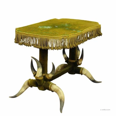 Antique Bull Horn Table with Green Velvet ca. 1870 - Image 1 of 4