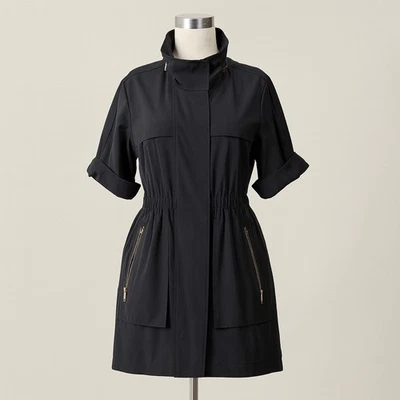 Ali Ro Black Drawstring Waist Zip Collar Hooded Jacket Size 4 3/4 Sleeve Nylon - Image 1 of 4