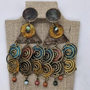 Boho Earrings Pierced Metal Dangle Chandelier Geometric Shape Distressed Light - Picture 1 of 9