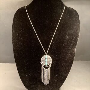 Dreamcatcher Long Necklace 18 - 20” - Silver Tone Pendant W/ Tassels & Turquoise