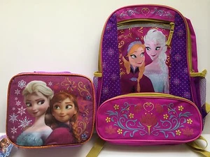 Disney Frozen Backpack Bookbag and Lunch Box Kit Bag Pink Purple Elsa Anna - Picture 1 of 5