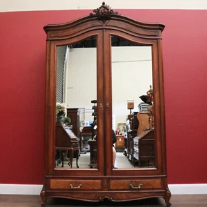Antique French Armoire with Mirrors, Burr Walnut Highlights & Brass Drawer Pulls - Picture 1 of 14