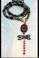 Handmade Dragonfly Necklace Red Tigers Eye & Freshwater Pearls