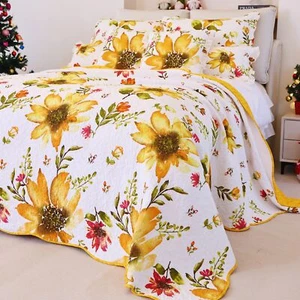 EVENHUG 100% Cotton Quilt King Size Yellow Sunflower Bedding Set Floral Light... - Picture 1 of 9